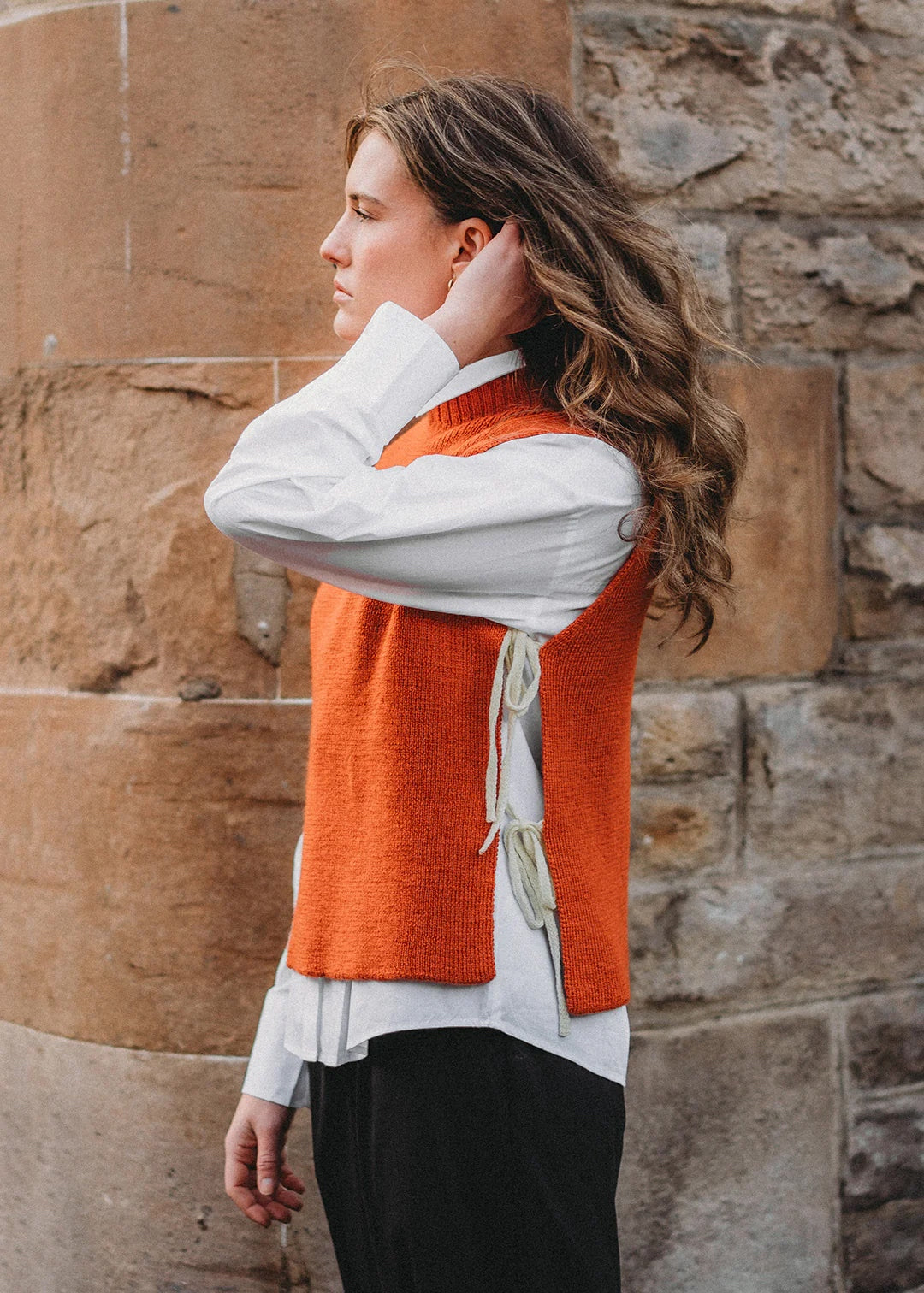 Knitted wool tie vest burnt orange